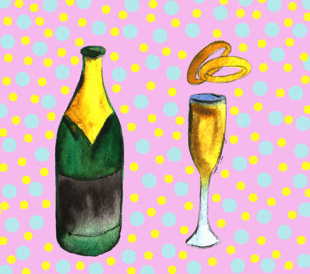 champagne bottle and glass, drawing by watercolor hand drawn illustrationの写真素材