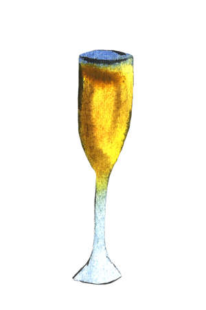 champagne bottle and glass, drawing by watercolor hand drawn illustrationの写真素材