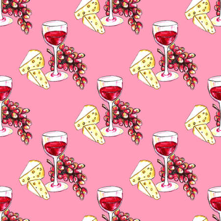 Bright hand drawn watercolor wine design elements (in vino veritas verity in wine). Cheese, olives, glass, letteringの写真素材