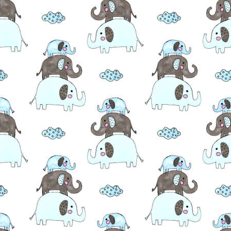 watercolor cute elephants and clouds setの写真素材