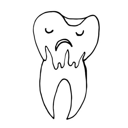 Cute happy cartoon tooth being cleaned with brush, and water, showing thumb up. Hand drawn line art cartoon vector illustration.のイラスト素材