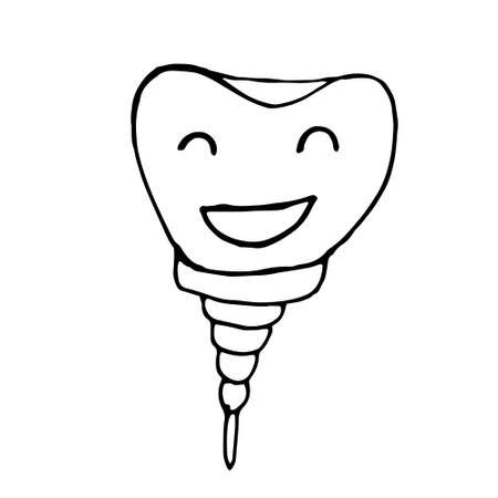 Cute happy cartoon tooth being cleaned with brush, and water, showing thumb up. Hand drawn line art cartoon vector illustration.のイラスト素材