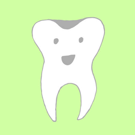 Cute happy cartoon tooth being cleaned with brush, and water, showing thumb up. Hand drawn line art cartoon vector illustration.のイラスト素材