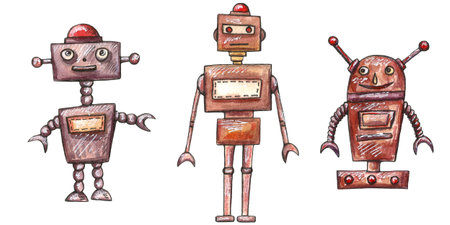 Watercolor cute robots set illus