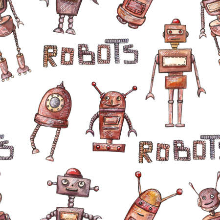 Watercolor hand drawn cute robots set seamless pattern. Cartoon nice illustrationの写真素材