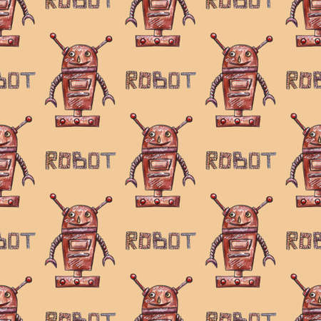 Watercolor hand drawn cute robots set seamless pattern. Cartoon nice illustrationの写真素材