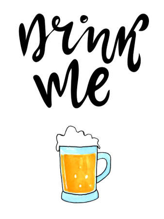 Lettering poster with quote about beer in vintage style. Calligraphic banner and t shirt print. Hand Drawn placard for pub or bar menu design.の写真素材