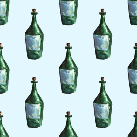 cognac,beer,champagne,wine bottle and glass, drawing by watercolor and ink, hand drawn illustrationの写真素材