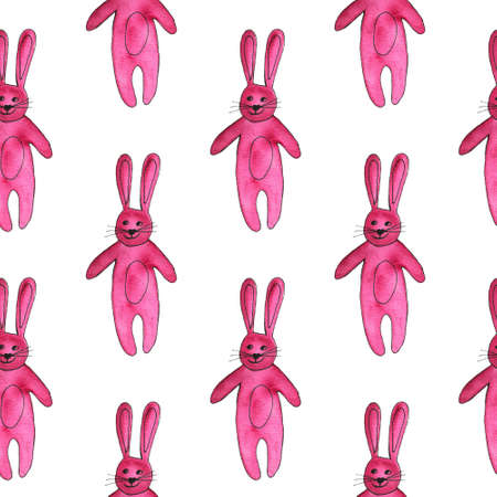 Cute pink bunny in love on white background. Funny cartoon watercolor rabbit with heartの写真素材