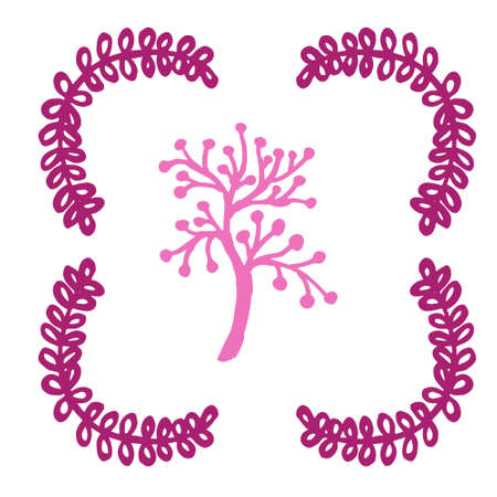 vintage set of hand drawn tree branches with leaves and flowersのイラスト素材