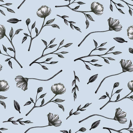 Flower collection with typical flowers and leaves including Lily, Calla, Tulip and etc. Detailed description with drawing pen.の写真素材