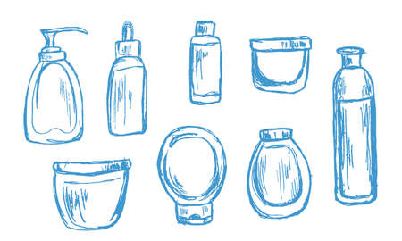 Skin care cosmetic line icons. Cream, Serum drop and Face gel or lotion icons. Uv protection. Oil, Vitamin E and Collagen symbols.のイラスト素材