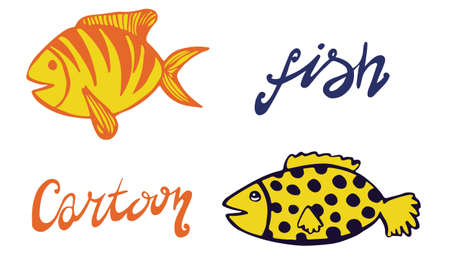 Vector doodle fish icon. Logo design template. Cute hand drawn childish linear illustration for print, webのイラスト素材