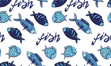 Vector doodle fish icon. Logo design template. Cute hand drawn childish linear illustration for print, webのイラスト素材