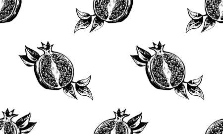 Hand drawing pomegranate. Cut fruit and seeds.Branch and blossoms.のイラスト素材