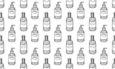 Skin care cosmetic hand drawn vector illustration. Cream, parfume, Serum drop and Face gel or lotion icons. 24 hour face care cream protection. Medical skin cosmetic.のイラスト素材