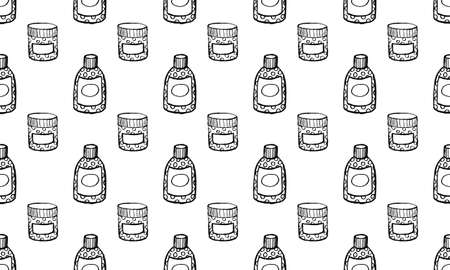 Skin care cosmetic hand drawn vector illustration. Cream, parfume, Serum drop and Face gel or lotion icons. 24 hour face care cream protection. Medical skin cosmetic.のイラスト素材