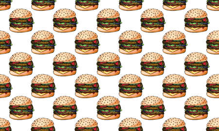Seamless pattern, with hamburgers. Food endless backdrop, for wallpaper, web page, textures, flyer, brochure, card, poster, menu. Easy to edit.の写真素材