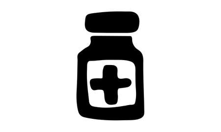 Vector hand drawn medicine bottle illustration. Doodle first aid icon.のイラスト素材