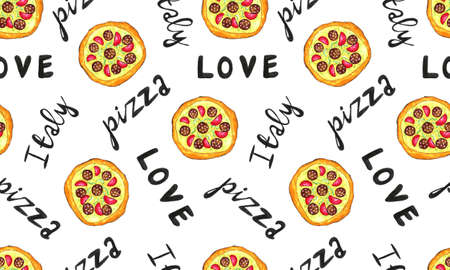 Hand drawn marker food illustration. Seamless pattern with Italian pizza on white background. Popular junk food. Pizzeria delivery serviceの写真素材