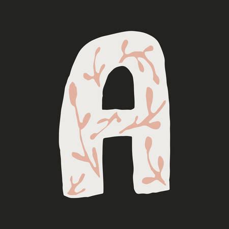Hand dawn vector letter A isolated on dark background. English alphabet capital letters with floral design. Beautiful spring illustration. Typography templateのイラスト素材