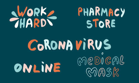 Vector hand drawn medicine illustration. Collection of handwritten lettering pharmacy textのイラスト素材