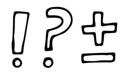 Hand drawn vector outline illustration of math icons. Plas, minus, exclamation, question marks. Handwritten special symbolsのイラスト素材