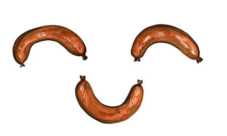 Hand drawn marker food illustration. Smiley face made of fried meat sausages isolated on white background. Healthy breakfast in the morning. Cooking conceptの写真素材