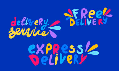Handwritten vector typography for delivery service. Lettering colorful text isolated on blue...