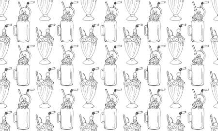 Seamless pattern with hand drawn milk shakes. Refreshing summer cocktail in glass with cream and straw. Vector illustrationのイラスト素材