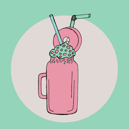 Hand drawn milk shake vector illustration. Refreshing summer cocktail in glass with cream and strawのイラスト素材