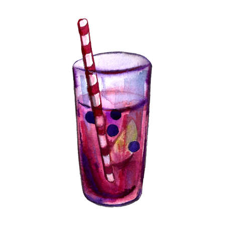 Hand drawn cocktail illustration. Refreshing summer cocktail in glass with berries, lemon and strawの写真素材