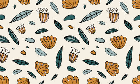 Seamless pattern with hand drawn flowers heads and leaves. Doodle illustration. Simple floral...