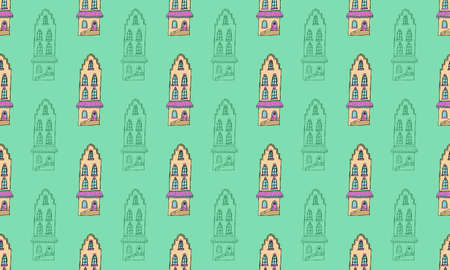 Seamless pattern with hand drawn houses. Traditional vintage buildings in the city of Amsterdamのイラスト素材