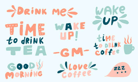Vector handwritten morning mood phrases. Hand drawn typography of inspirational lettering. Collection of templates for poster, banner or printのイラスト素材