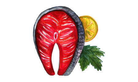 Red salmon steak, food illustration. Hand drawn watercolor fish and lemon isolated on white backround. Delicious foodの写真素材