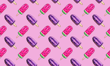 Watercolor sweets, seamless pattern. Bright ice cream. Delicious and tasty dessert. Hand drawn...