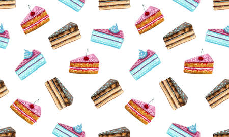 Watercolor sweets, seamless pattern. Bright cakes. Delicious and tasty desserts. Hand drawn...
