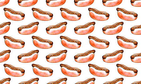 Hot dog, food seamless pattern. Hand drawn marker fast food illustration. Delicious food