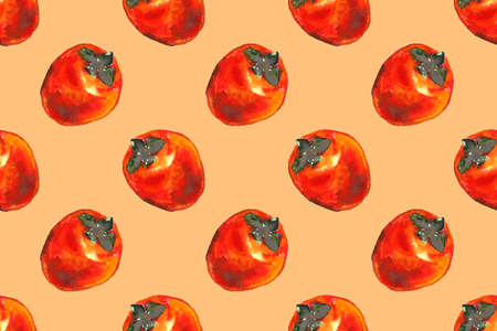 Hand drawn illustration of persimmon. Seamless pattern with fruit drawing. Organic fruit grown on the farmの写真素材