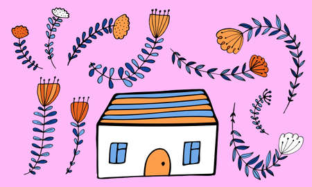 Small house surrounded by flowers. Hand drawn doodle illustration. Simple floral elements isolated on pink backgroundのイラスト素材