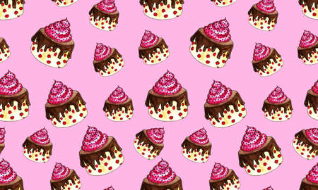 Watercolor sweets, seamless pattern. Bright cupcakes. Delicious and tasty desserts. Hand drawn illustration for cafe or restaurant menu and decorationの写真素材