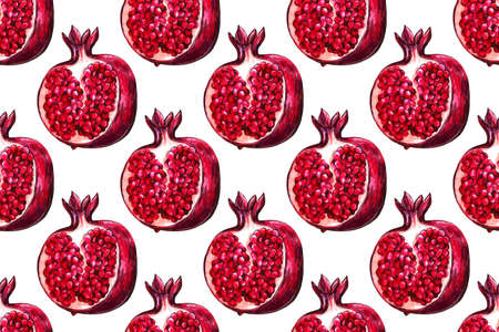 Hand drawn illustration of pomegranate. Seamless pattern with fruit drawing. Organic fruit grown on the farmの写真素材