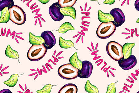 Hand drawn illustration of plum. Seamless pattern with fruit drawing. Organic fruit grown on the farmの写真素材