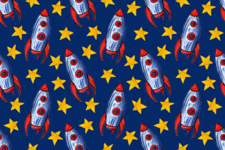 Watercolor space and astronautics illustration. Hand drawn background for kids.の写真素材