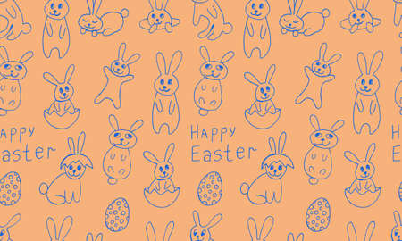 Cute Easter bunnies illustration. Hand drawn vector seamless pattern in doodle style. Festive characters with egg shell. Line art drawingのイラスト素材