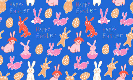 Cute Easter bunnies illustration. Hand drawn vector seamless pattern in doodle style. Festive...