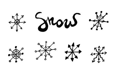 Snowflake simple doodle illusatration. Hand drawn snow element isolated on white background. Winter season, Christmas celebrationのイラスト素材