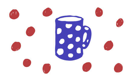 Doodle cup illustration. Simple hand drawn vector drawing. Teacup with polka dots pattern. Kitchen ceramic objectのイラスト素材