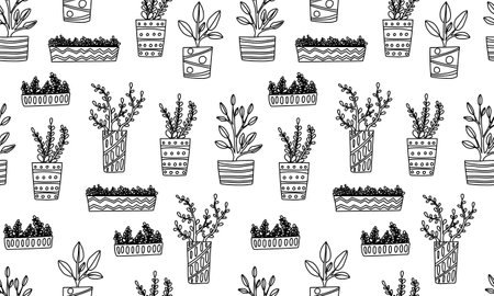 Seamless pattern with hand drawn houseplants. Vector illustration of potted plants for home.のイラスト素材